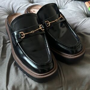 Sam Edelman Black Patent Loafers with Gold Buckle